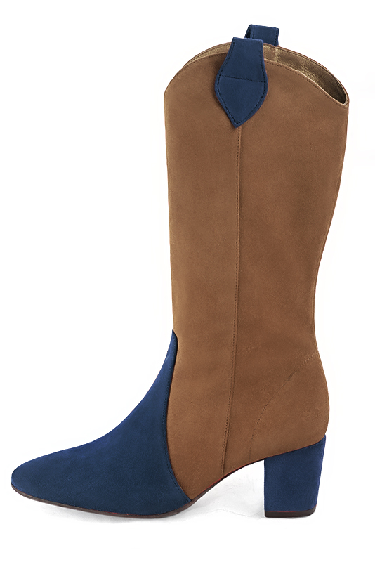 Navy blue and caramel brown women's mid-calf boots. Round toe. Medium block heels. Made to measure. Profile view - Florence KOOIJMAN